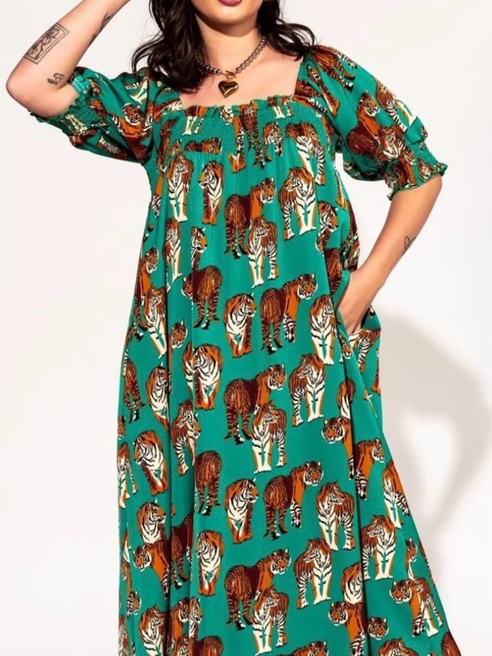 Dressed in LaLa Palm Springs Smocked Dress in Tiger Tales - 3X